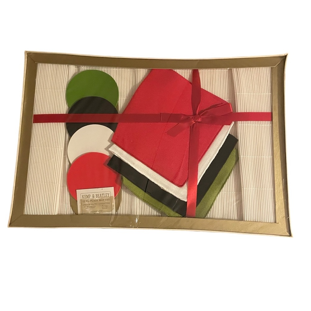 Vintage NIB mod tiki style Kemp & Beatley placemat, coaster, cloth napkin set
